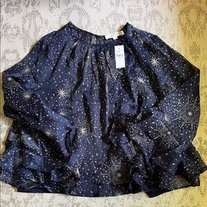LOFT Navy Starburst Ruffle-Sleeve Blouse